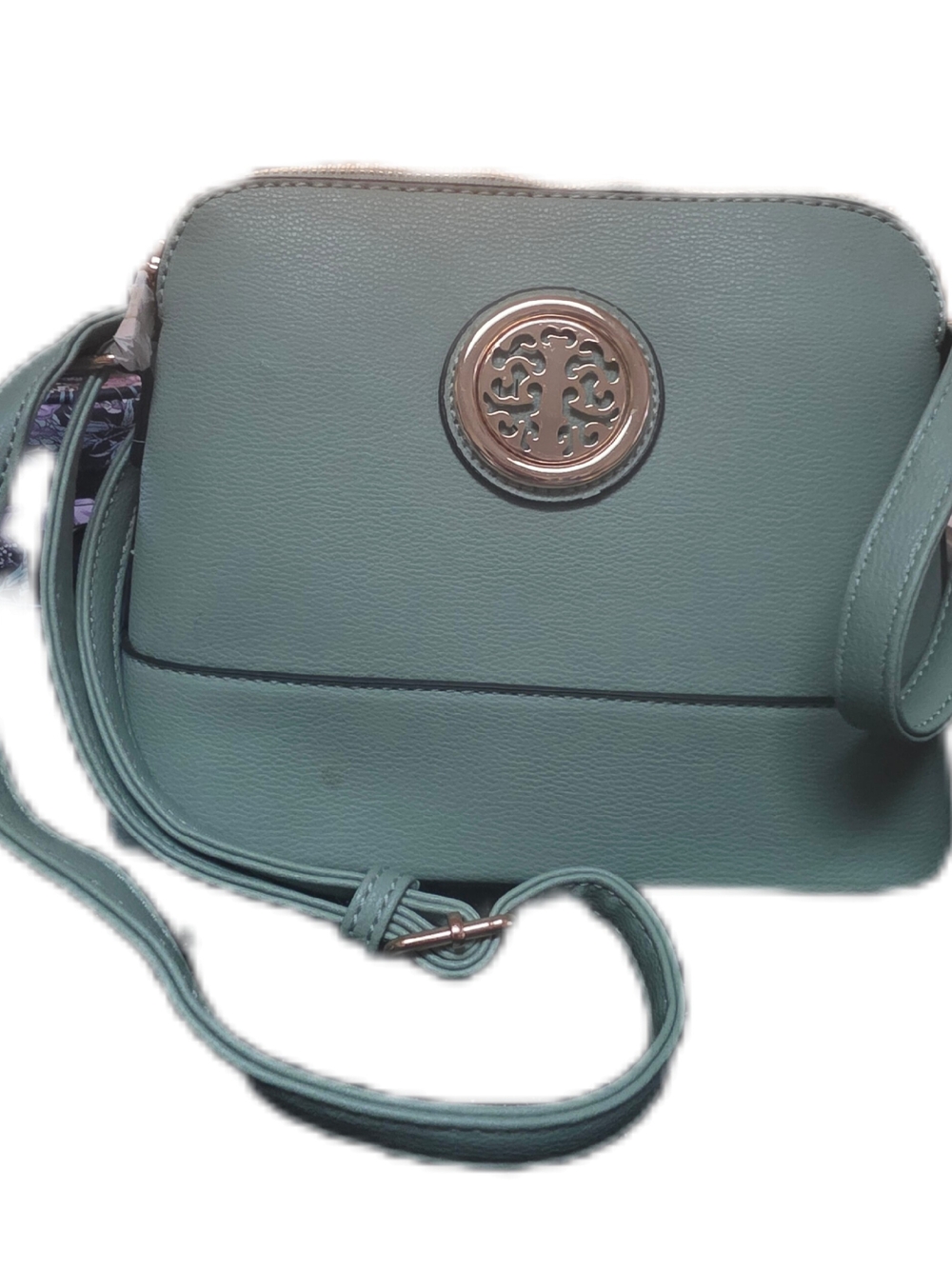 Women's Crossbody Bag in Sage Green with Metallic Emblem